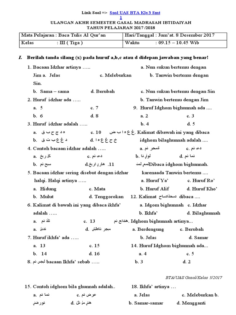 25 Jawaban Soal BTQ Kelas 3 Semester 1 untuk Ujian Baca Tulis Quran