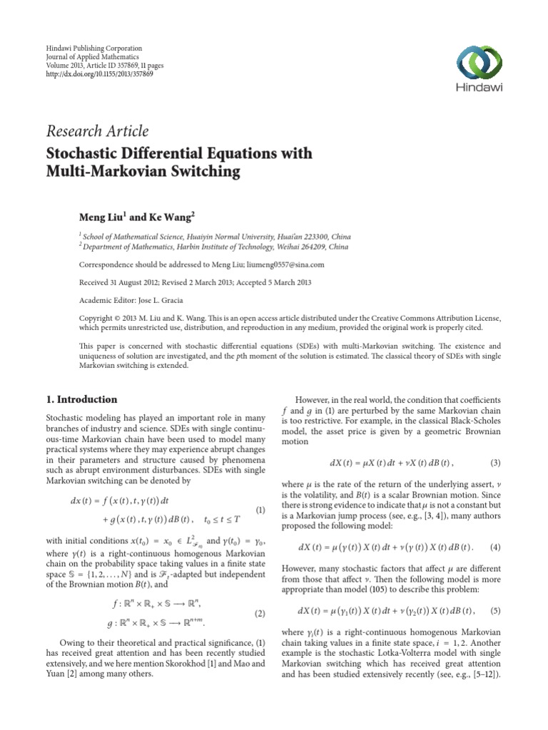 Stochastic Differential Equations With MultiMarko PDF Stochastic