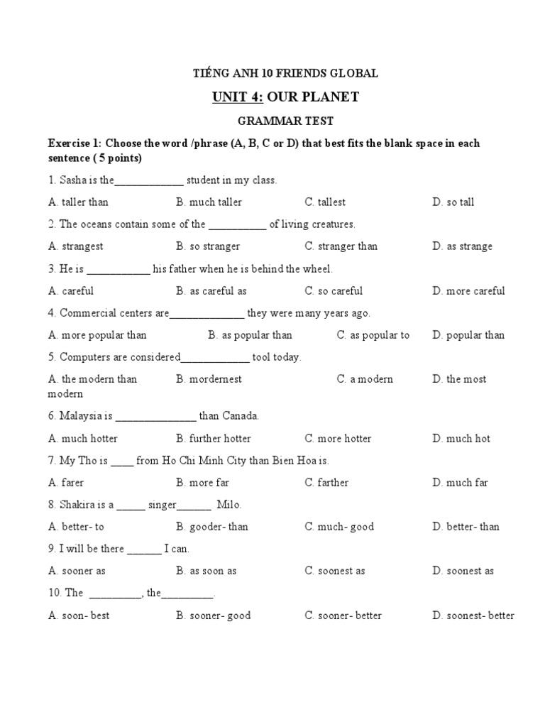 Friends Global 10 - Unit 4 - Grammar Test | PDF