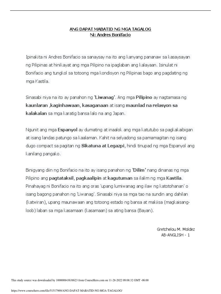 Ang Dapat Mabatid NG Mga Tagalog | PDF