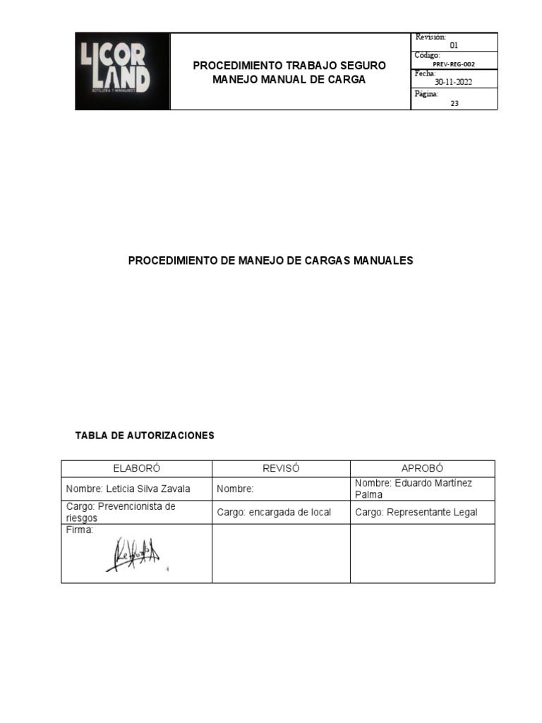 Procedimiento de Manejo Manual de Cargas | PDF | Factores humanos y ...