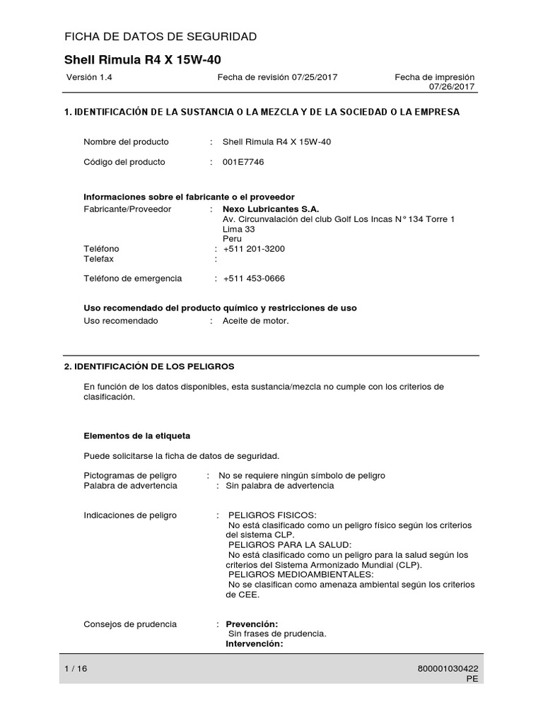 Ficha de Seguridad: Shell Rimula R4 X 15W-40 | PDF | Residuos | Agua