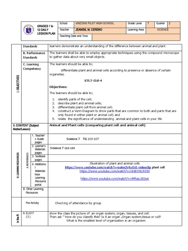 7th Grade Plant and Animal Cells Lesson Plan | PDF | Cell (Biology ...