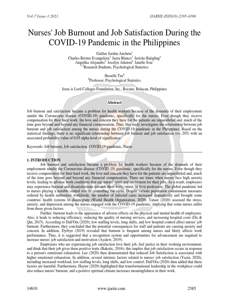 Nurses' Burnout and Satisfaction in COVID-19 | PDF | Job Satisfaction ...
