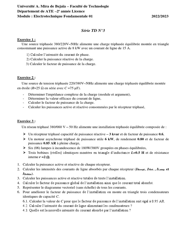 Serie TD - Solution ELT F1 N°03 | PDF | Électrotechnique | Grandeur ...