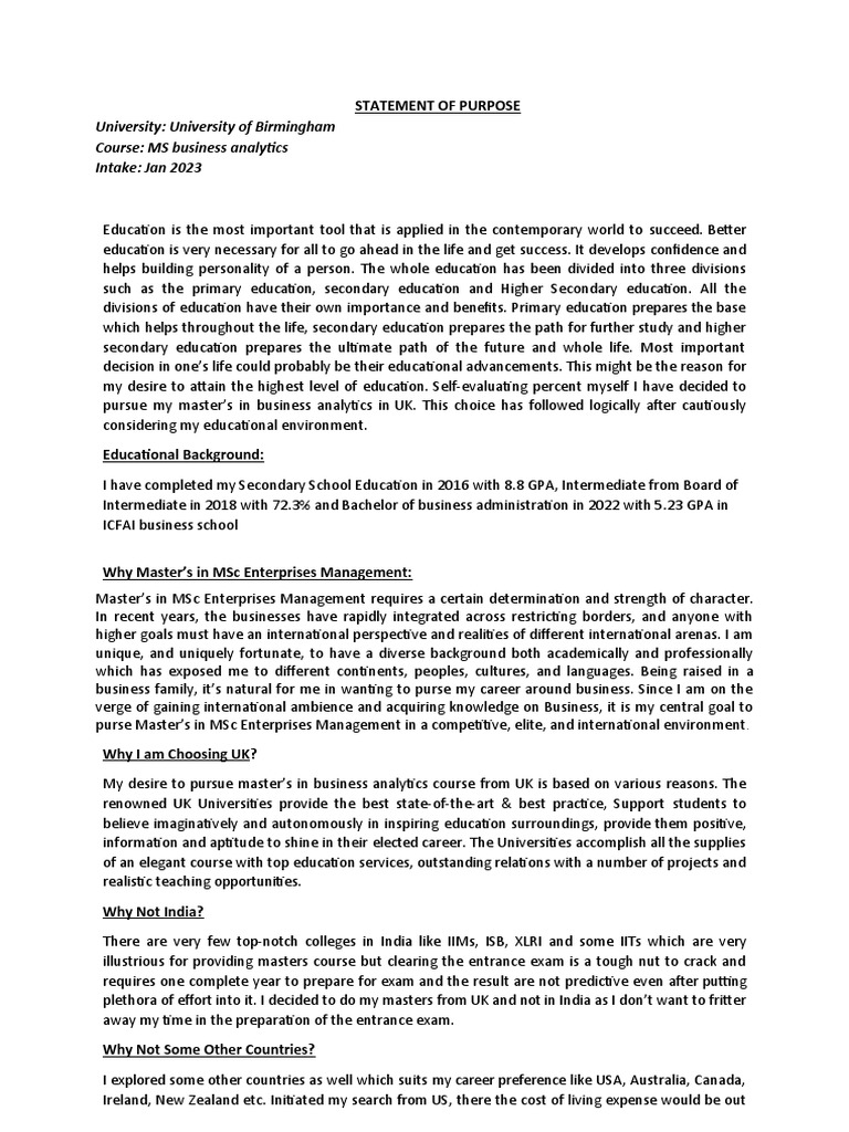 University of Birmingham Sop | PDF