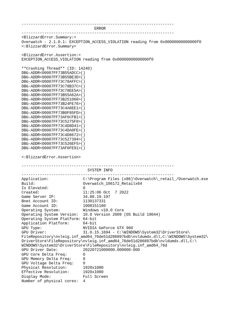Overwatch EXCEPTION_ACCESS_VIOLATION Error | PDF | Software Engineering ...