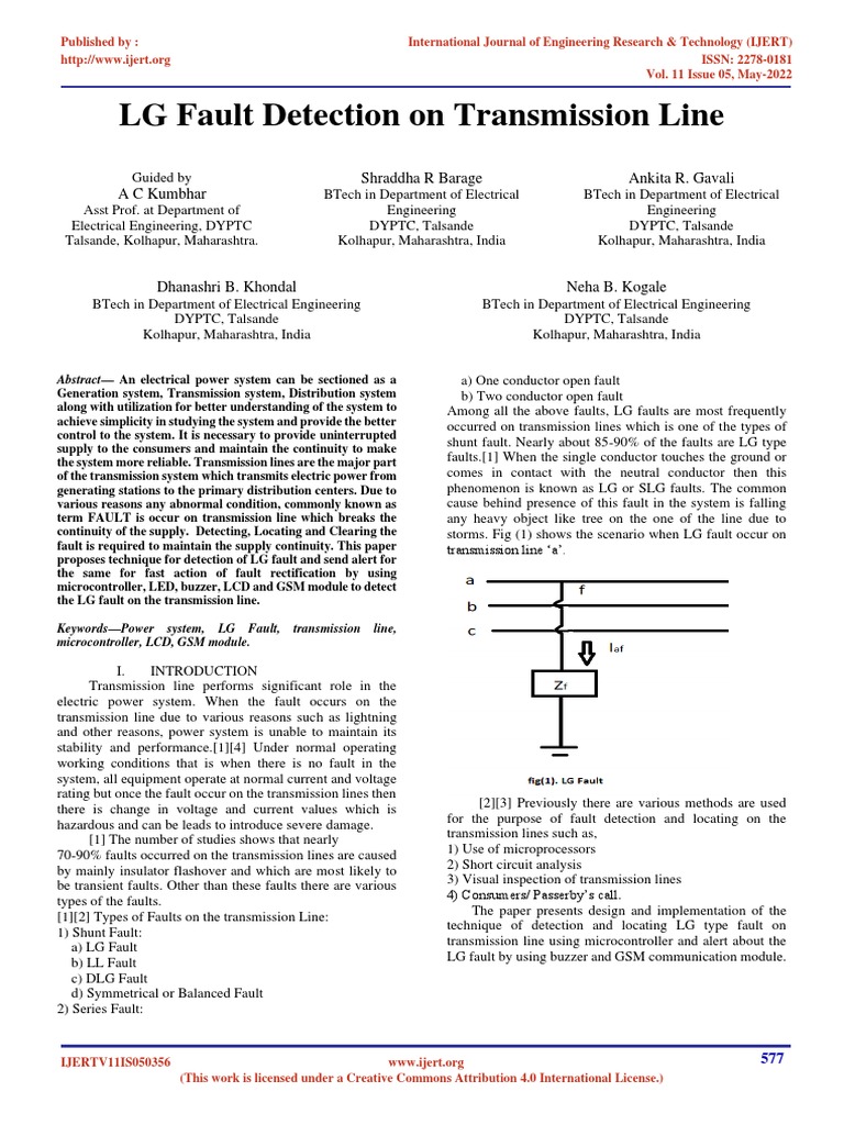 LG Fault Detection On Transmission Line IJERTV11IS050356 PDF
