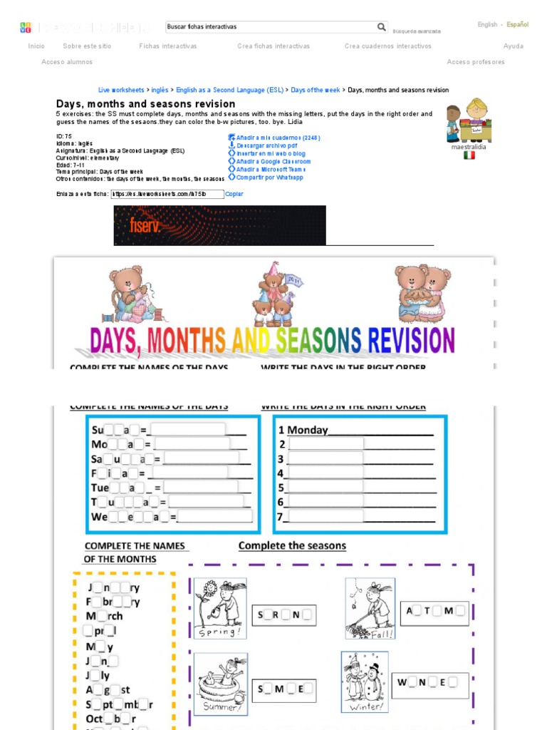 Ejercicio de Days, Months and Seasons Revision | PDF
