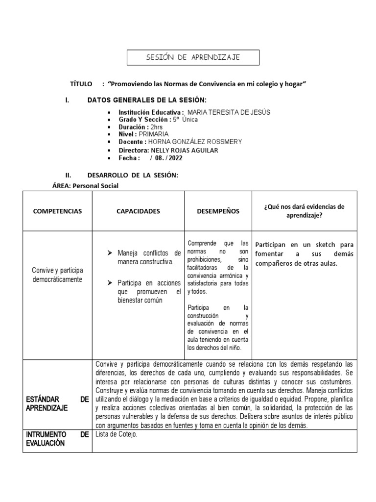 SESION NORMAS DE CONVIVENCIA ( 5TO GRADO - PERSONAL SOCIAL - AGOSTO ...