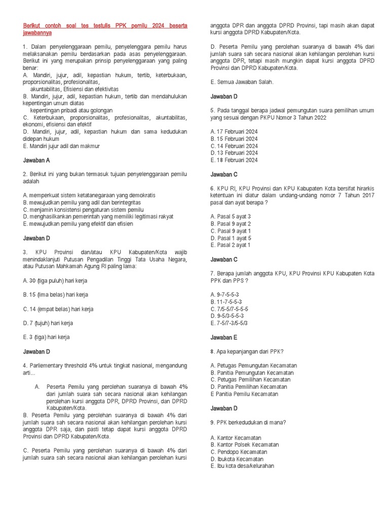 Soal Tes Testulis PPK Pemilu 2024 Beserta Jawabannya | PDF