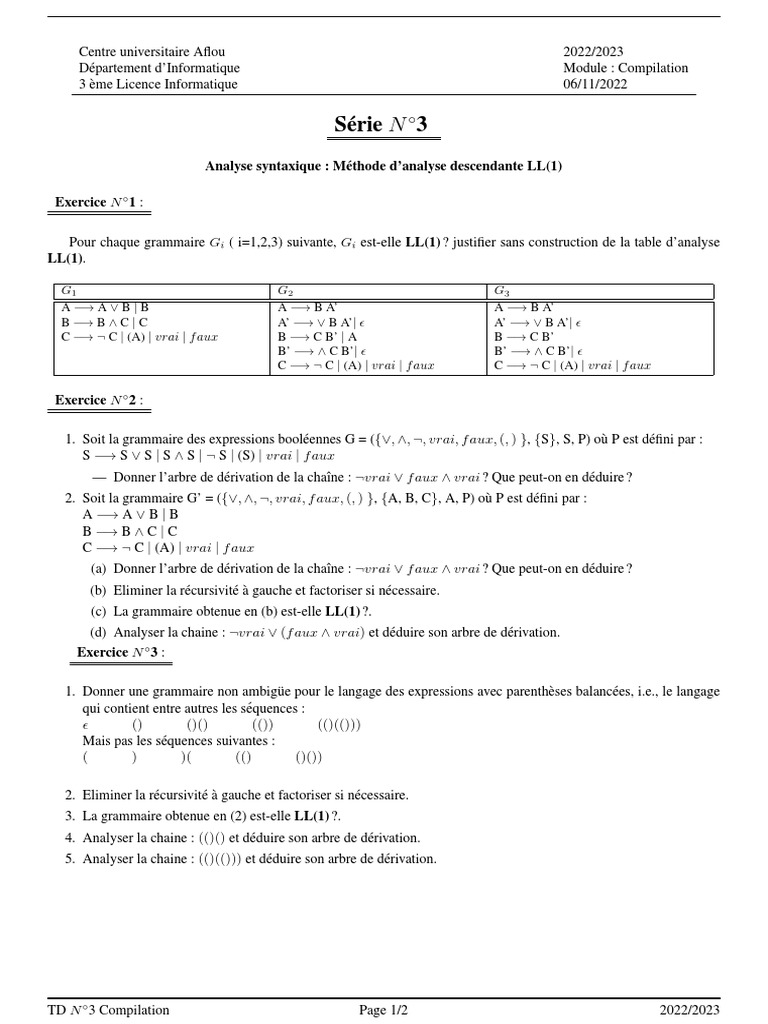 TD 3 Analyse Descendante | PDF | Méthodes et références pédagogiques ...