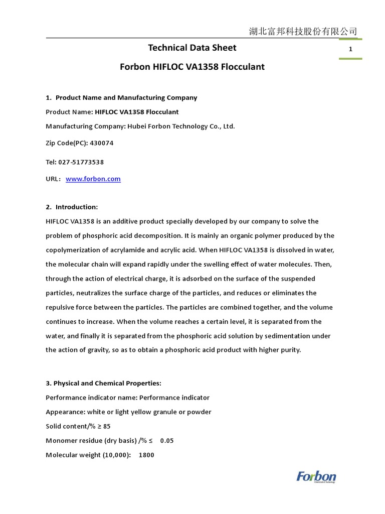 Forbon HIFLOC VA1358 Fcculants | PDF | Water | Polymers