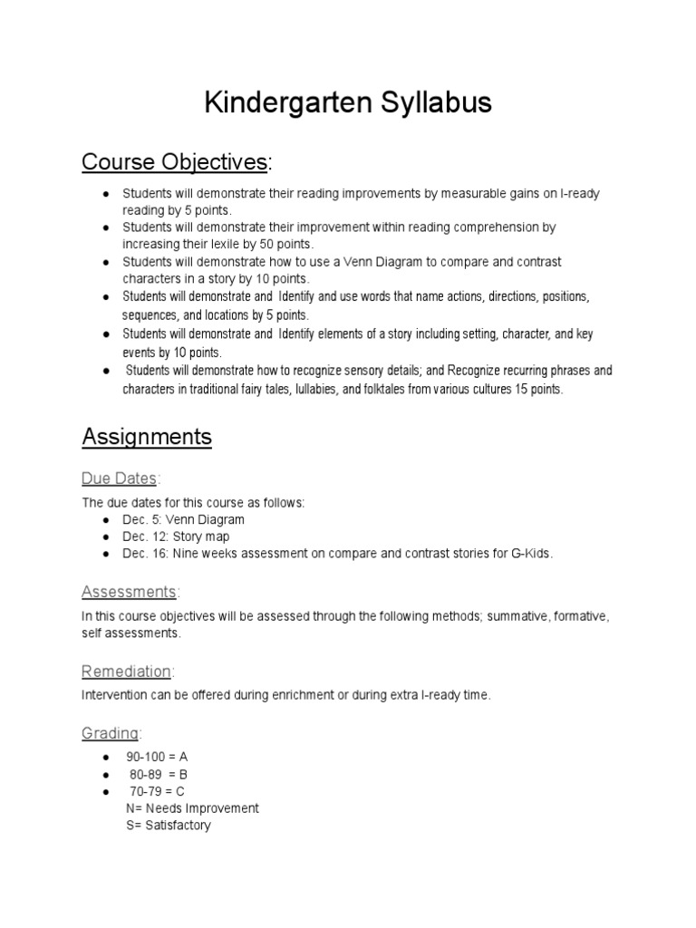 Kindergarten Syllabus PDF Differentiated Instruction Learning