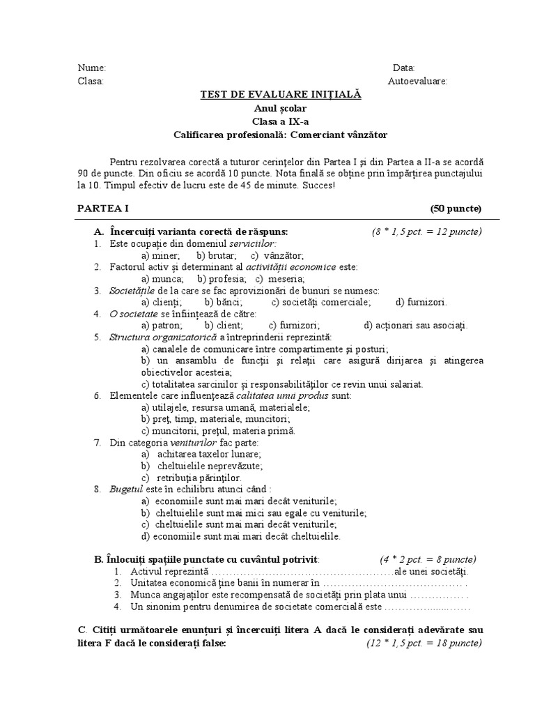Test de Evaluare Initiala Clasa A IX-a | PDF