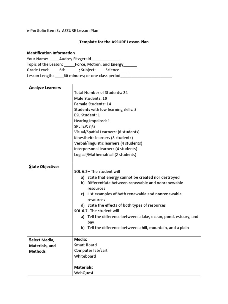 Fitzgerald Audrey Eportfolio Assignment 3 Pdf Learning Lesson Plan