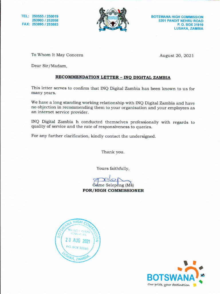 Reference Letter - Bostwana High Commisssion | PDF