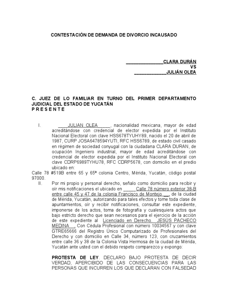 Contestación a Demanda de Divorcio Incausado | PDF | Demanda judicial ...