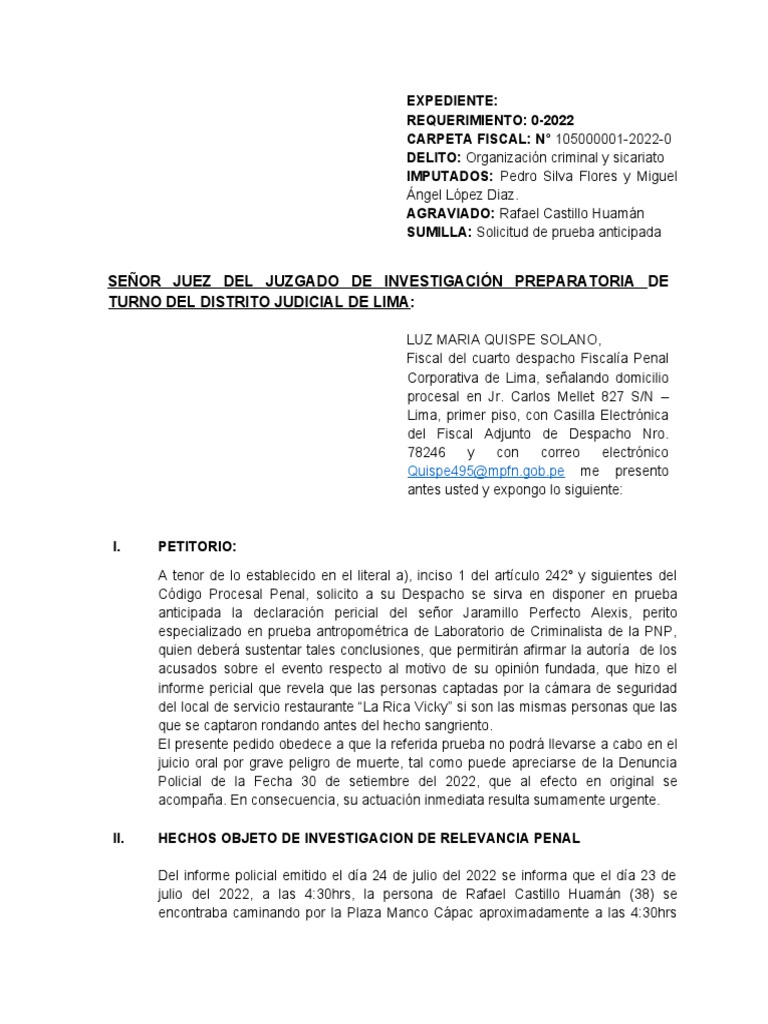 Requerimiento de Prueba Anticipada | PDF | Testigo experto | Policía