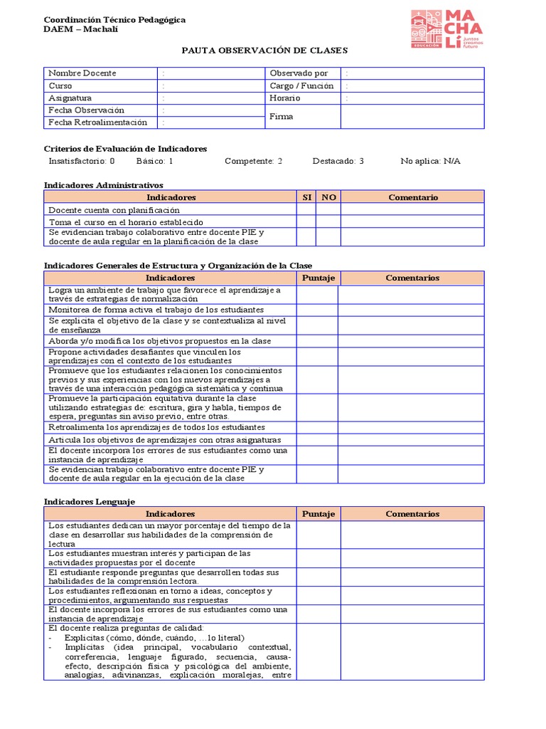 Pauta de Observación de Clases DAEM Machalí | PDF | Maestros | Aprendizaje