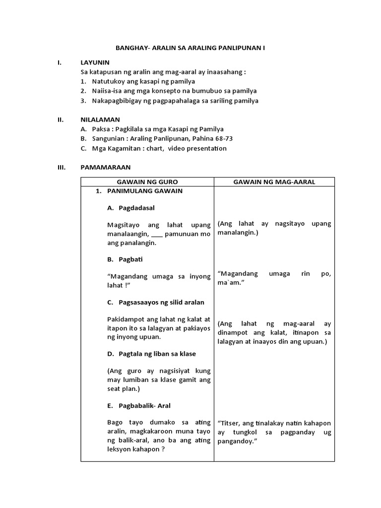 Araling Panlipunan 1 Lesson Plan | PDF
