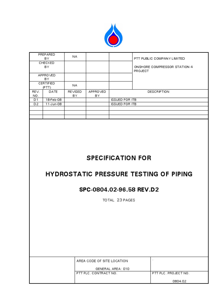 Ptt Hydro Static Pressure Testing Of Piping Pdf Technology