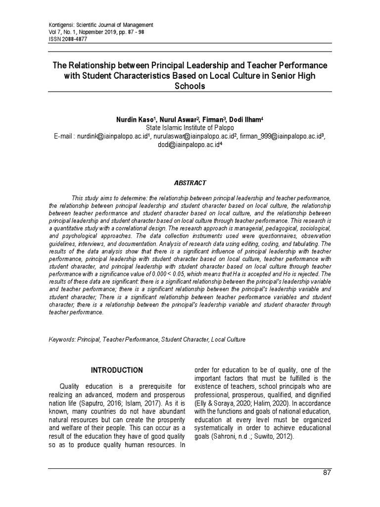 Principal Leadership and Teacher Impact on Student Character | PDF ...