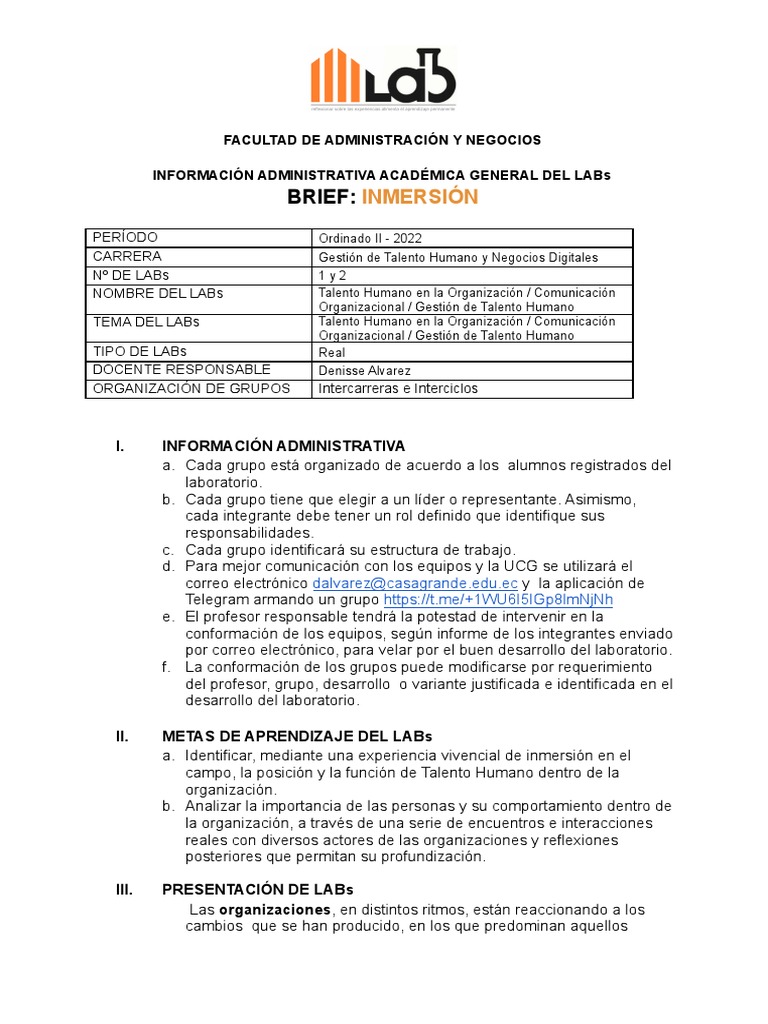 BRIEF INMERSIÓN LABs TTHH NNDD 2 - 2022 | PDF | Laboratorios | Science