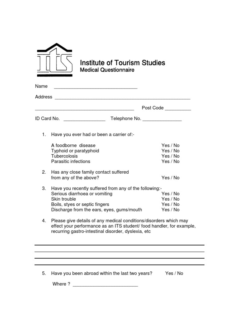 Medical Questionnaire for Food Handlers | PDF