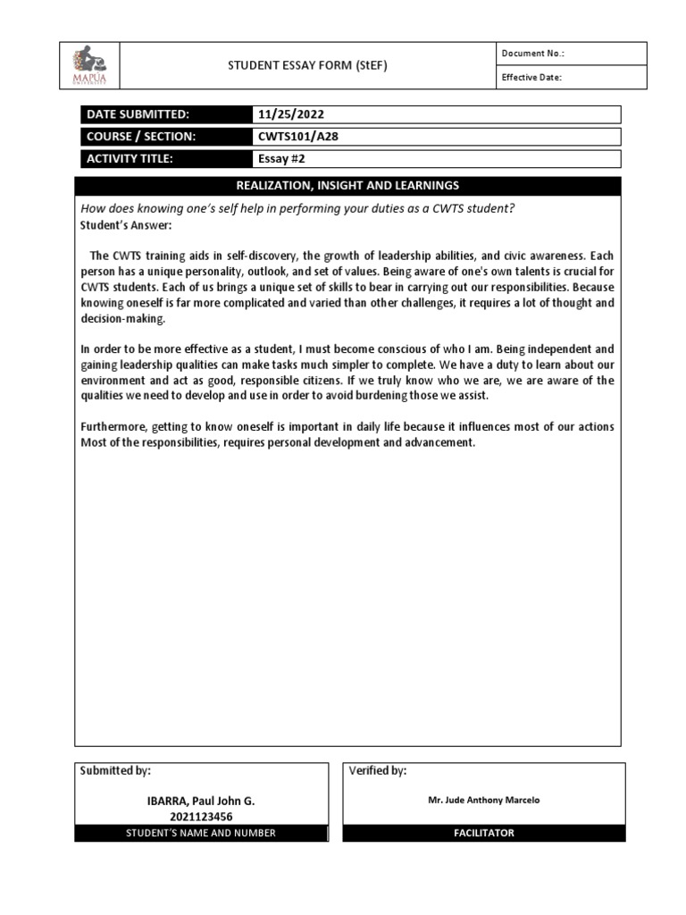 Self-Discovery in CWTS Training Essay | PDF