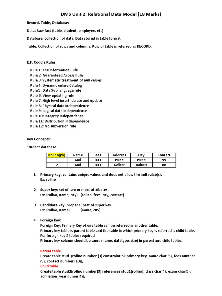 DMS Unit 2 22319-1 | PDF | Relational Database | Table (Database)