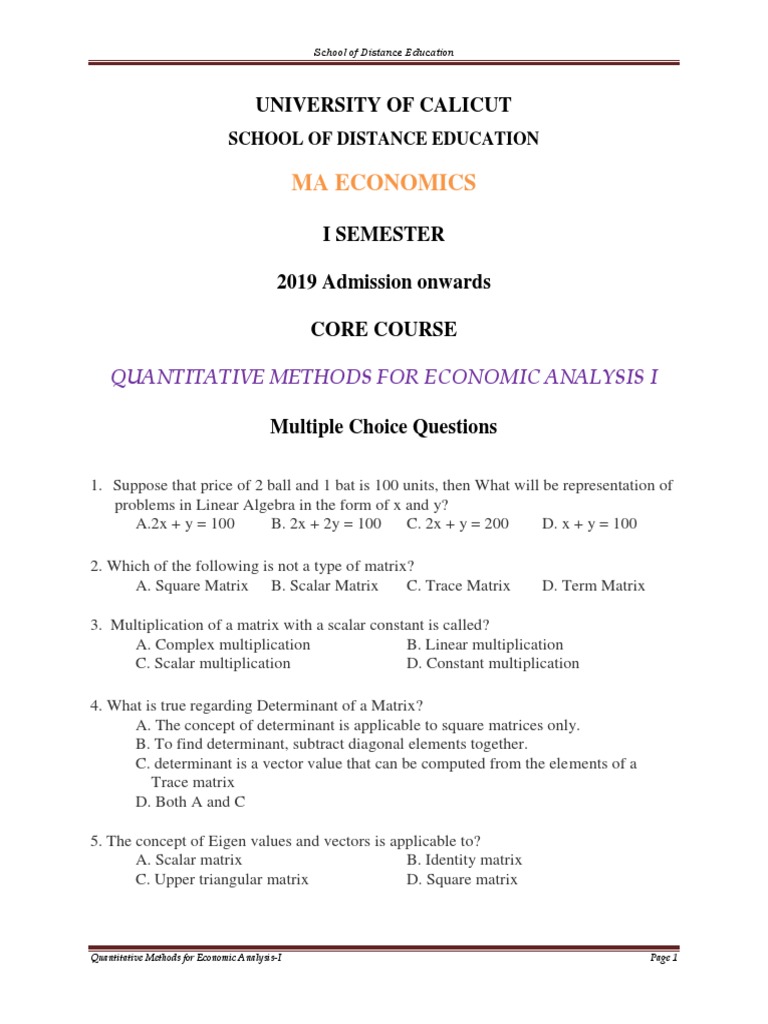 Quantitative Methods for Economics I | PDF