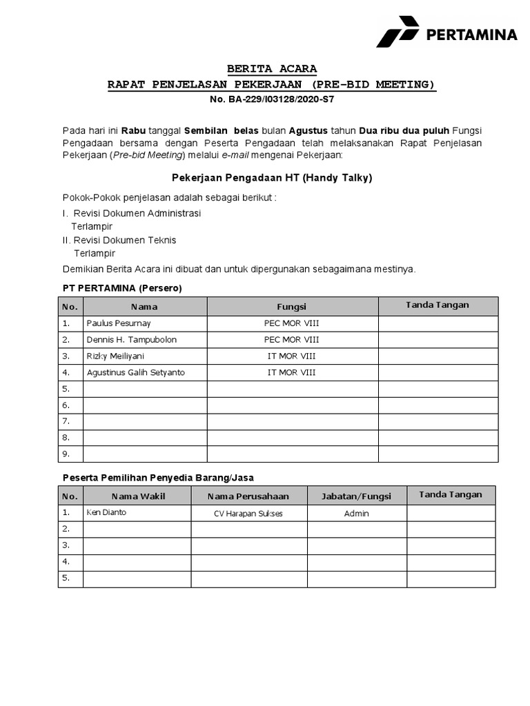 Berita Acara Pre Bid Meeting Pengadaan Perangkat Komunikasi Handy