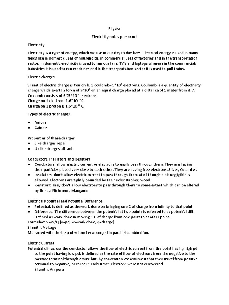 Class 10 Electricity Notes Summary | PDF | Electrical Resistance And ...