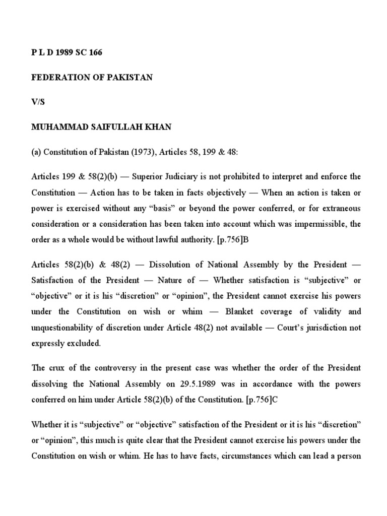 Haji Saifullah VS Fed Pakistan 1989 PLD SC 166 | PDF | Sovereign ...