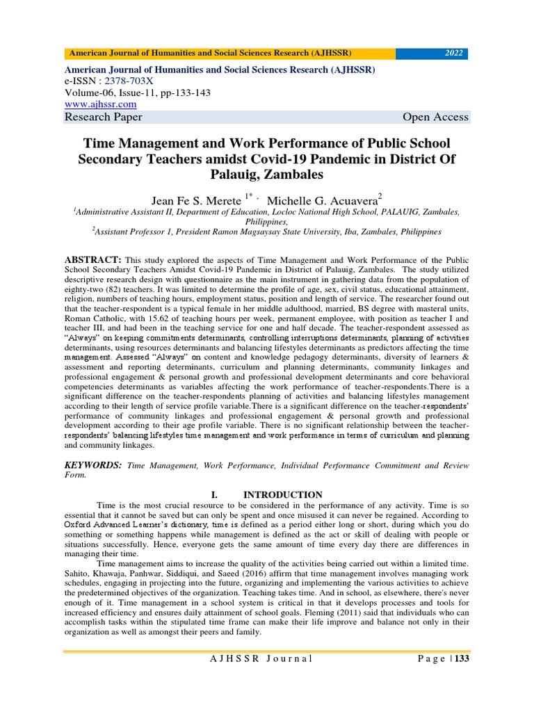 Time Management and Work Performance of Public School Secondary ...