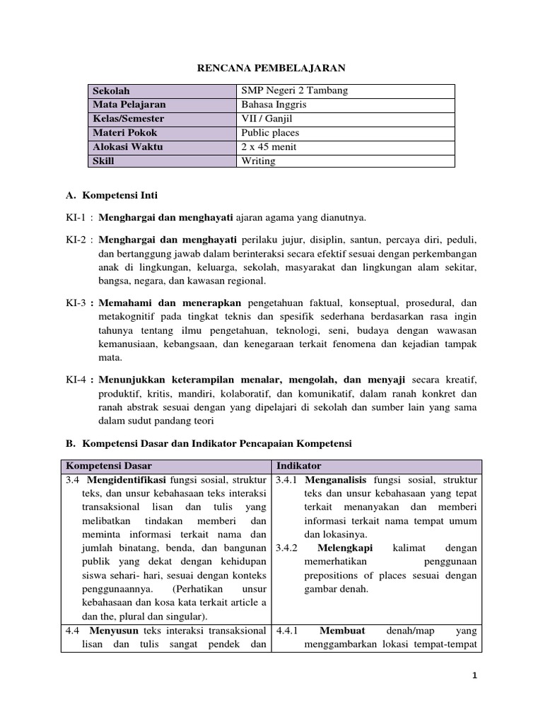 RPP Public Places SMP KELAS 7 | PDF | Seni & Disiplin Bahasa | Kajian ...