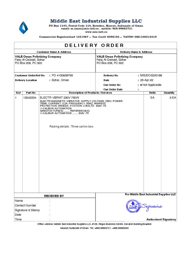 Delivery Order for VALE Oman | PDF