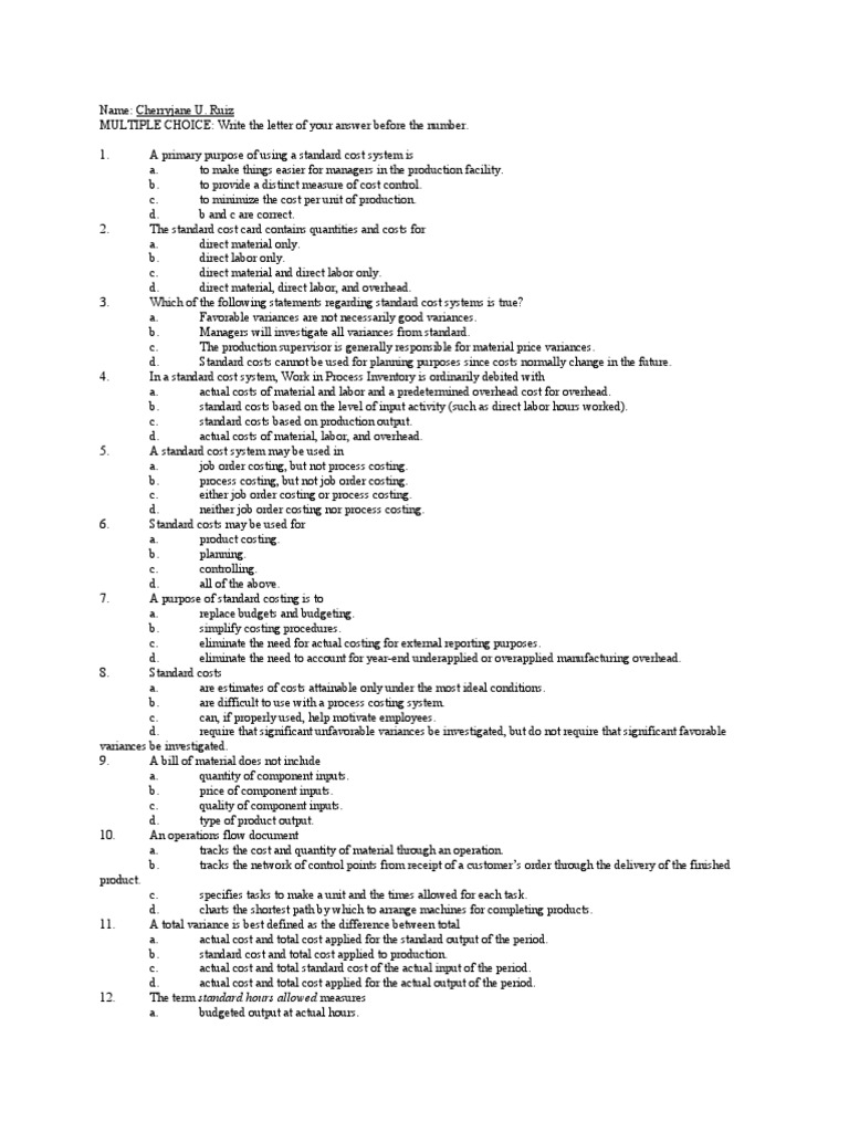 Standard Costing Multiple Choice Pdf Variance Cost Of Goods Sold