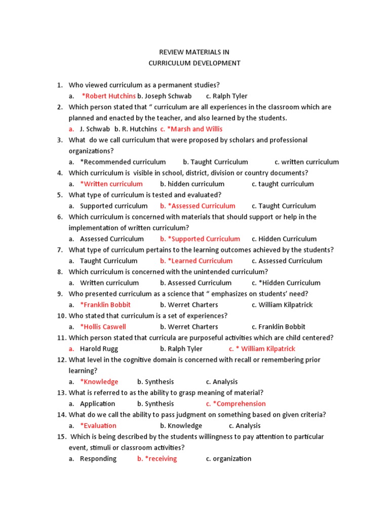 Curriculum Development Review Questions | PDF | Curriculum | Teaching ...