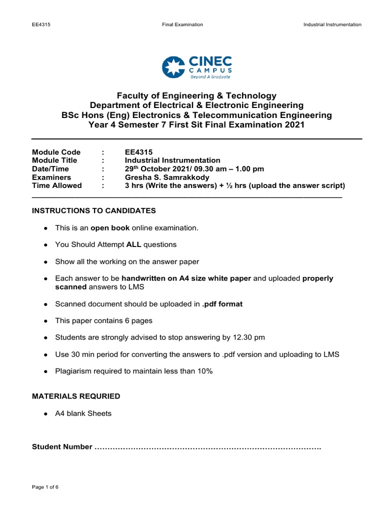 EE4315 Industrial Instrumentation Exam | PDF | Instrumentation ...