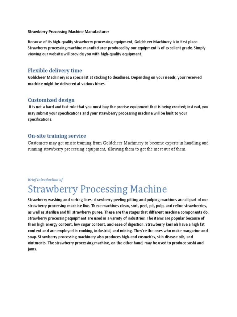 Strawberry Processing Equipment Overview | PDF | Welding | Construction