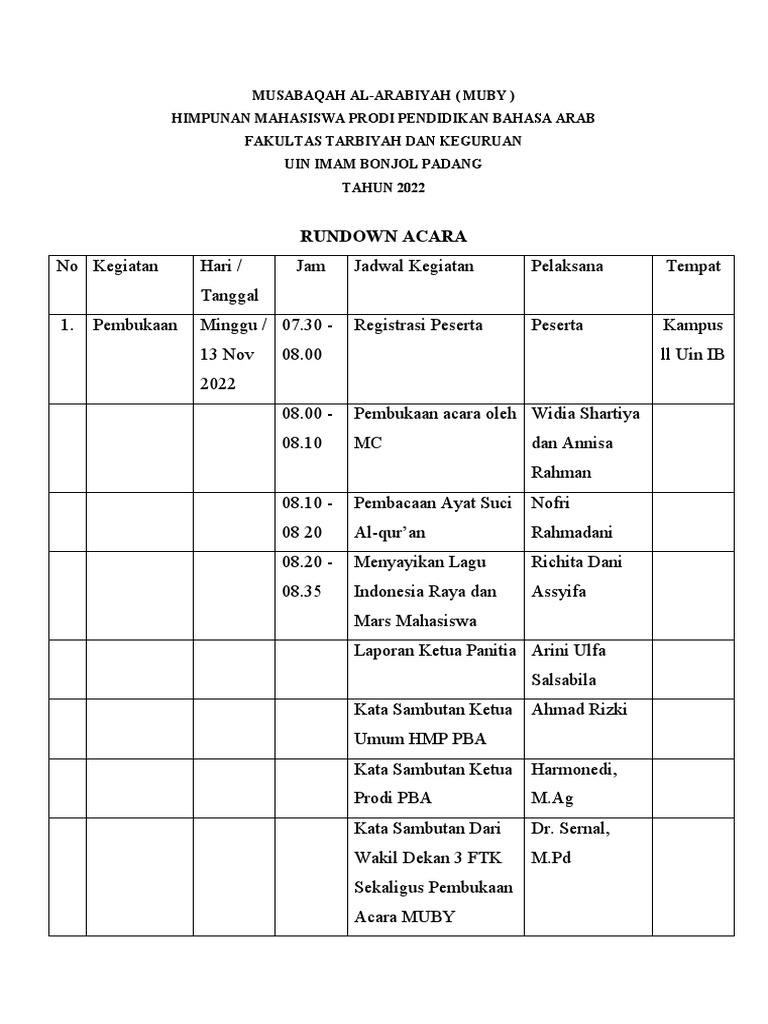 Rundown Musabaqah Al-Arabiyah 2022 | PDF