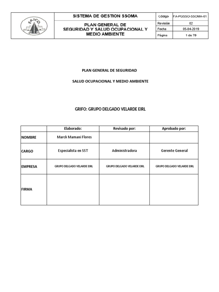 Plan de Seguridad y Salud Ocupacional | PDF | Seguridad y salud ...