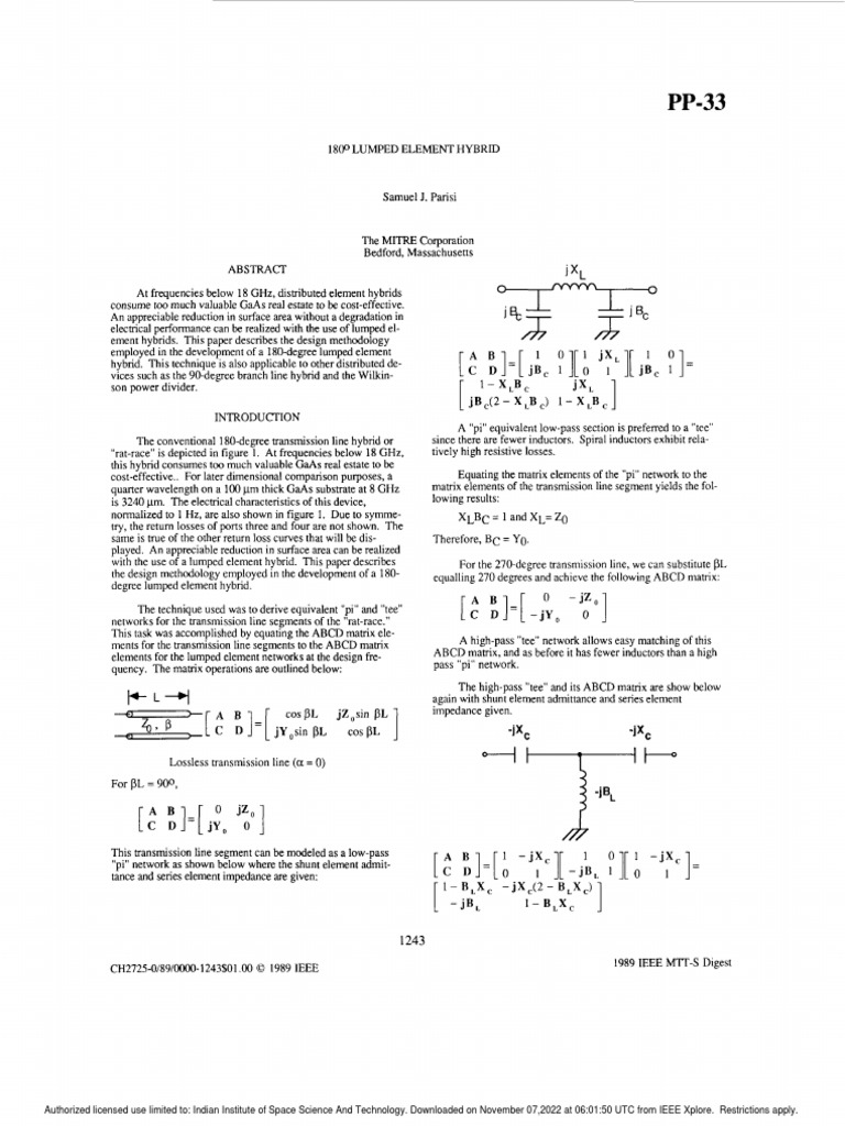 180° Lumped Element Hybrid Design | PDF | Electrical Network | Low Pass ...