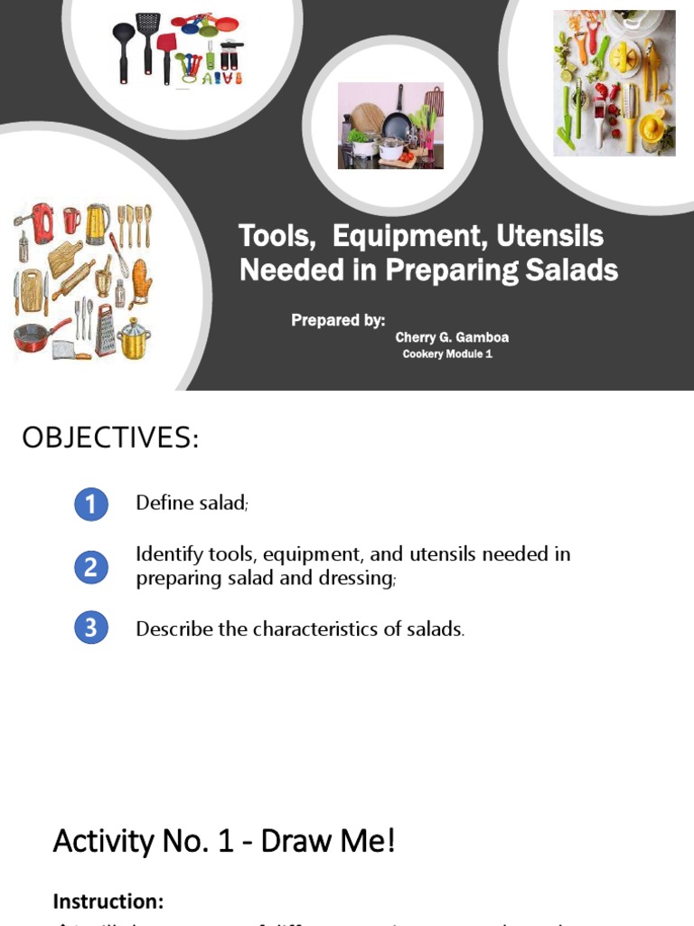 Tools Equipments Utensils Needed in Preparing Salads PDF Salad Pasta