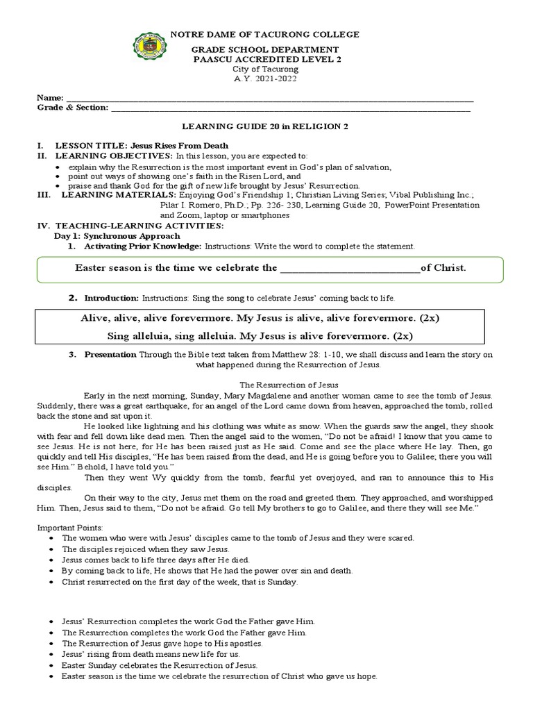 Religion Lesson Jesus Resurrection Pdf Resurrection Of Jesus Jesus