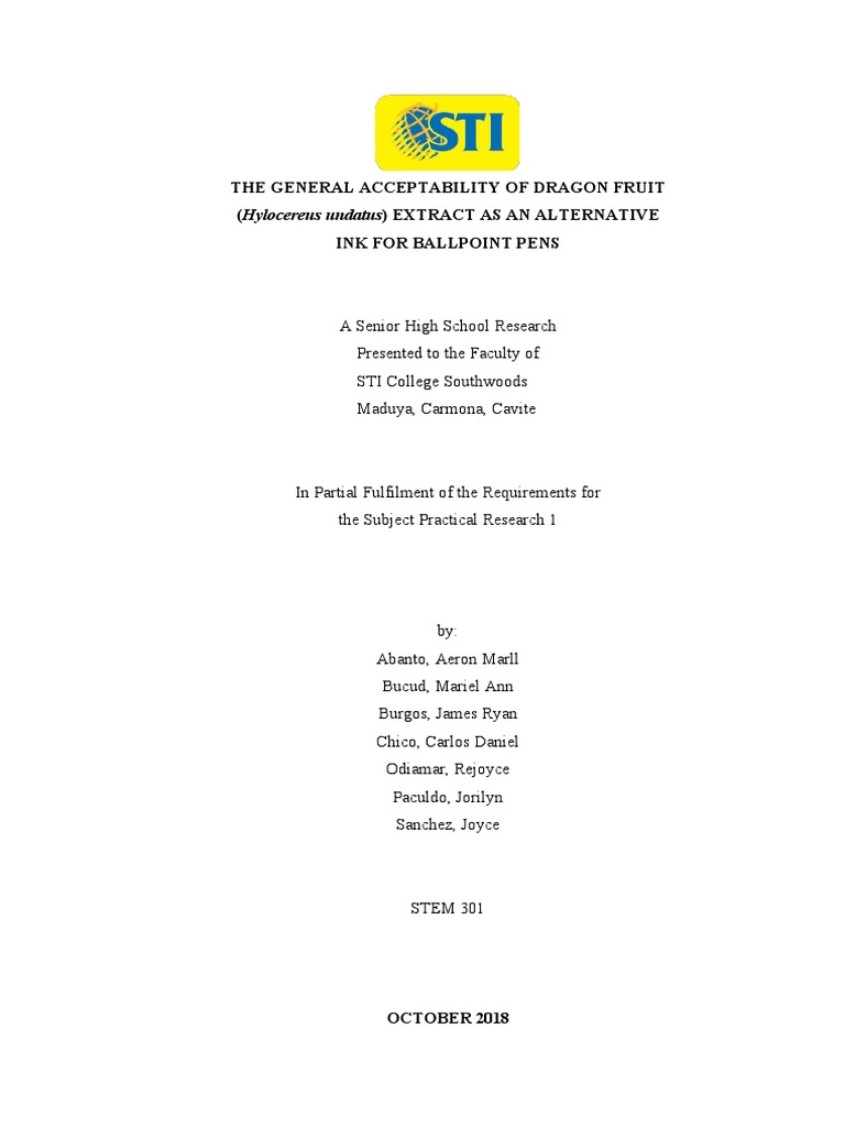 The General Acceptability of Dragon Fruit Extract As An Alternative Ink For Ballpoint Pens PDF
