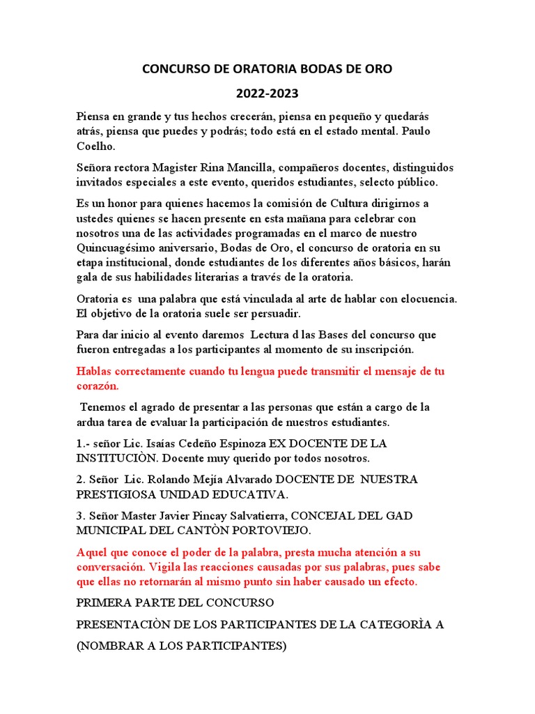 Concurso de Oratoria Bodas de Oro 2023 | PDF | Hablar en público