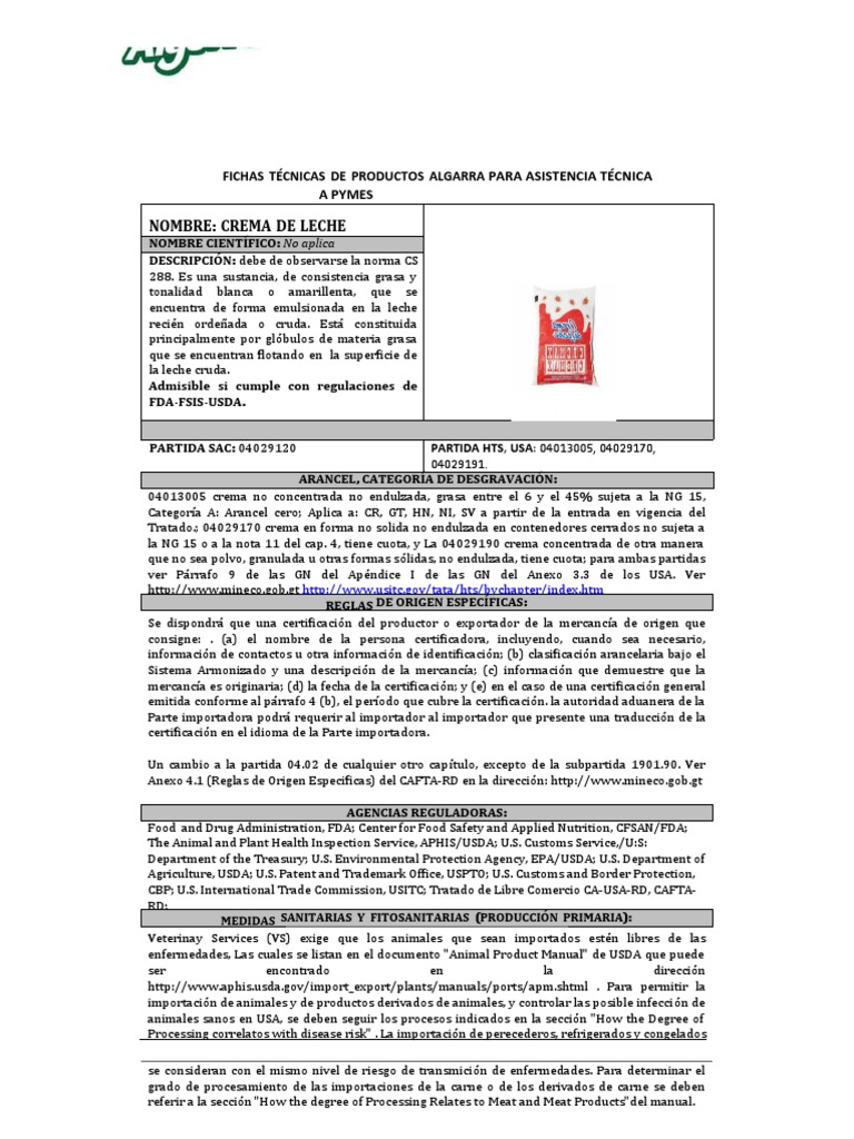 Ficha Tecnica Crema de Leche PDF